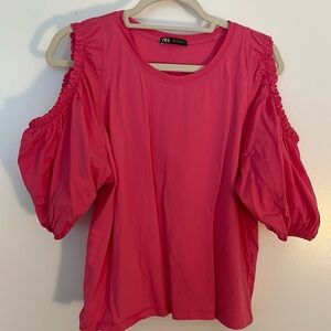 Zara hot pink puff sleeve open shoulder top. Size L.